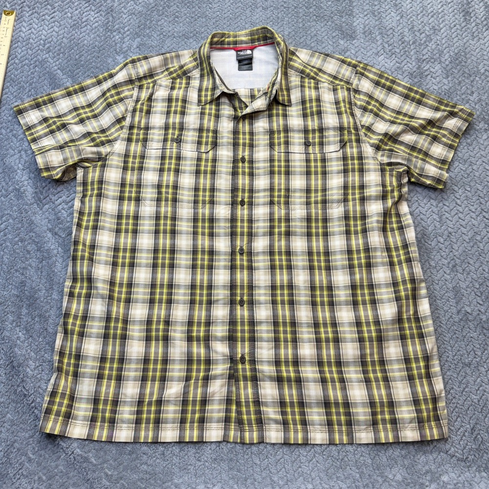 The North Face Button Up Shirt Mens XL Yellow Brown Plaid Short‎ Sleeve Hiking